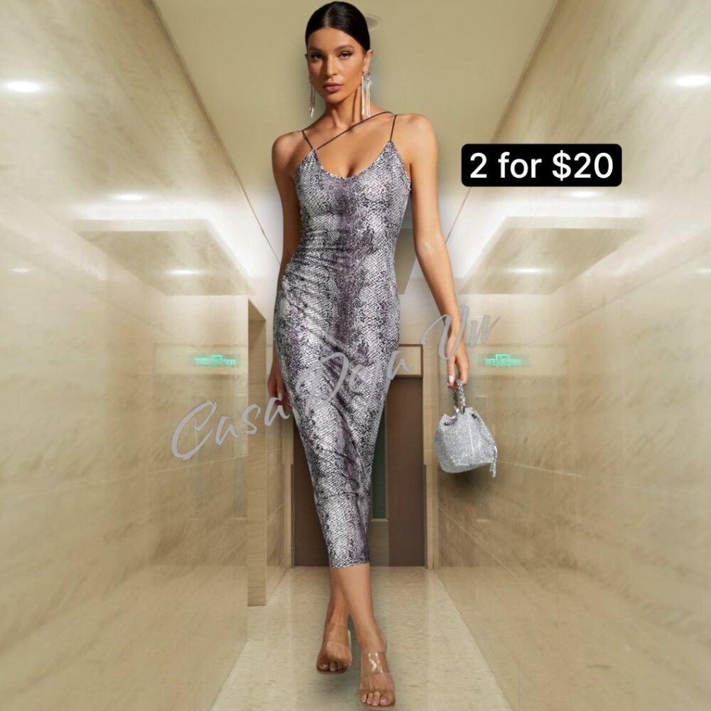 Sexy Sophistication Bodycon iKat Print Form Fitting Strappy Tea Length Dress